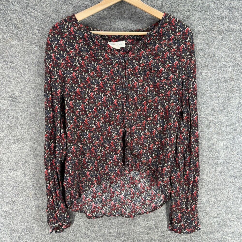 Treasure & Bond Button Up Top Women S Small Black Floral V-Neck Long Sleeve